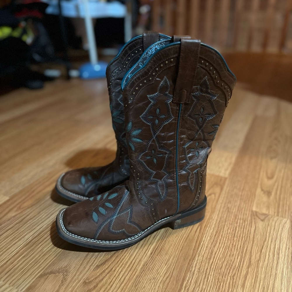 Laredo Brown and Teal Floral Heeled Boots